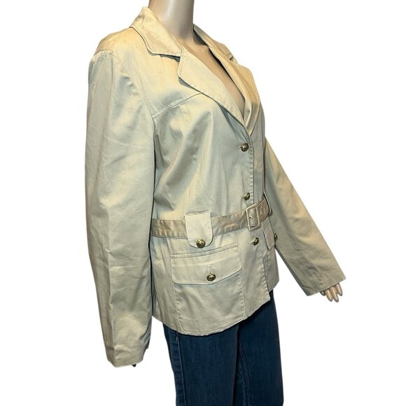 Sandro Sportswear Women Jacket Blazer Large Beige Cotton Stretch Belt  Preppy - Picture 2 of 9